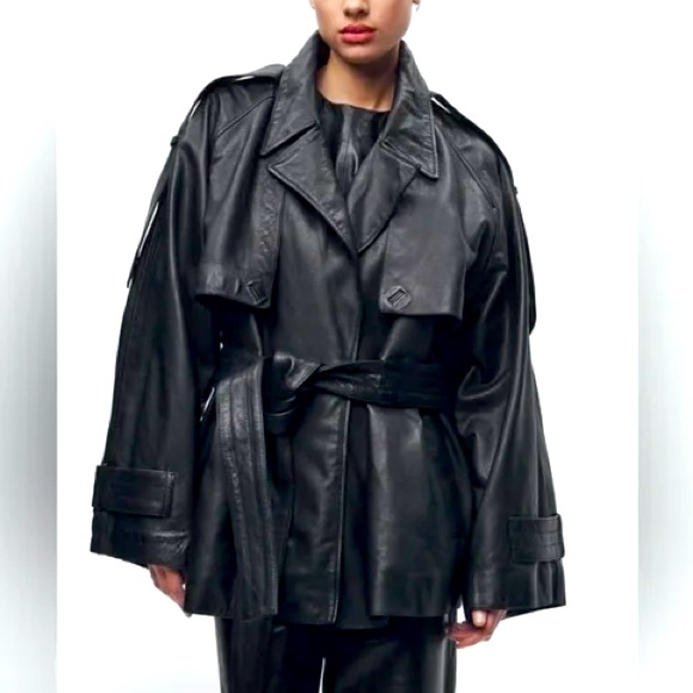 Zara 100% leather Trench Coat NWT Limited Edition black oversized coat